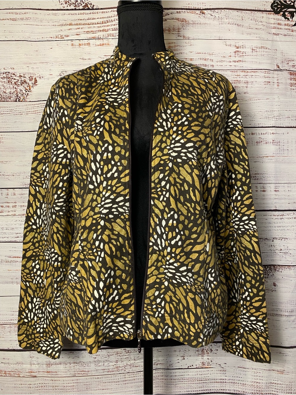 Koret Metallic Gold, Black & White Patterned Zip-Front Jacket Sz-M